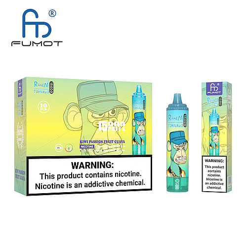 Confezione e prodotto del vaporizzatore del marchio Fumot al gusto "Kiwi Passion Fruit Guava", con 15.000 boccate, una scimmia con un cappello e un'etichetta di avvertenza sulla nicotina.