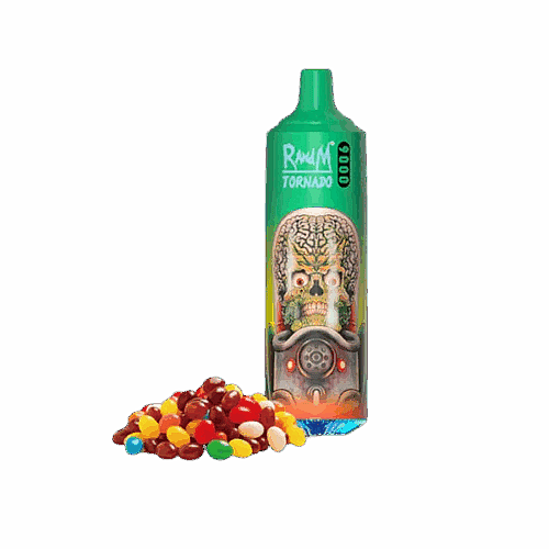 Ein grünes Einweg-Vape-Gerät mit der Grafik eines außerirdischen Gehirns und einer Gasmaske neben einem Haufen bunter Jelly Beans.