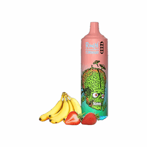 Ein farbenfrohes Vape-Gerät mit einer Gehirnillustration neben Bananen und Erdbeeren.