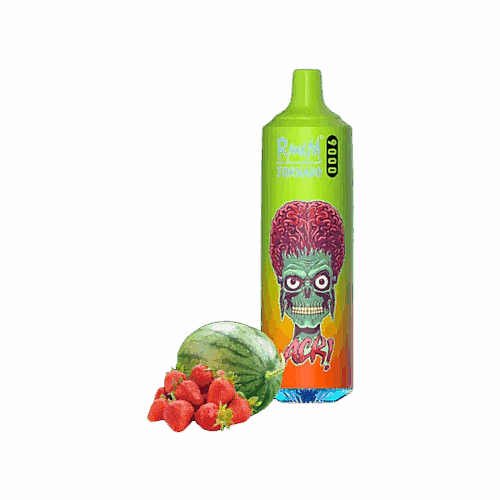 Eine bunte Einweg-E-Zigarette mit einem grünen, außerirdischen Gesicht und dem Wort „ACK!“ auf der Vorderseite, neben Erdbeeren und einer Wassermelone.