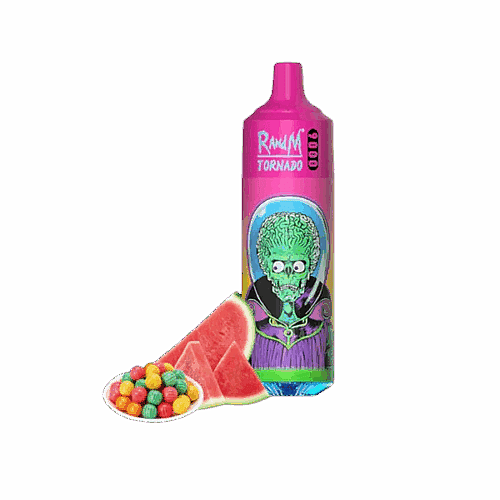 Ein farbenfrohes Vape-Gerät mit dem „R and M Tornado“-Branding, das eine außerirdische Figur mit Wassermelonenscheiben und einer Schale mit bunten runden Bonbons zeigt.