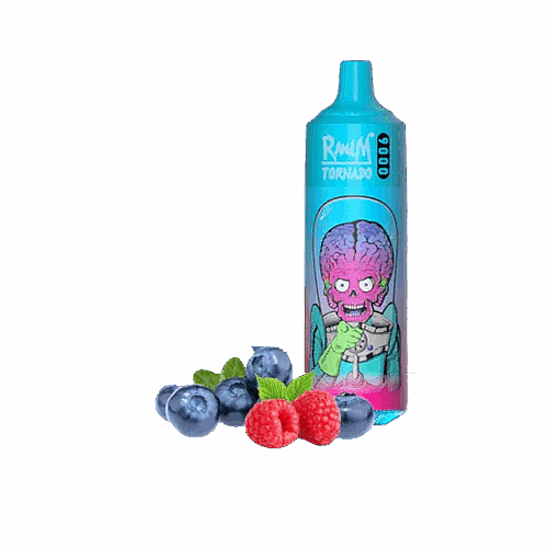 Ein blau-rosa Vape-Gerät mit einer Zeichentrickfigur in Form eines außerirdischen Gehirns und der Aufschrift „RandM Tornado“ neben Blaubeeren und Himbeeren.