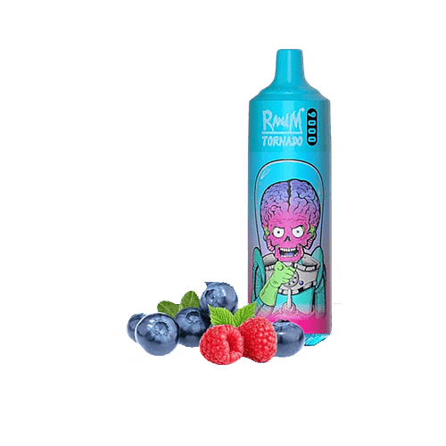 Un dispositivo per svapare blu e rosa con un personaggio dei cartoni animati con il cervello di un alieno, etichettato "RandM Tornado", accanto a mirtilli e lamponi.