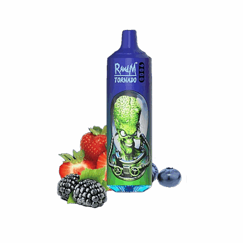 Ein blaues R&M Tornado-Vape-Gerät mit Alien-Design, umgeben von Erdbeeren, Brombeeren und Blaubeeren.
