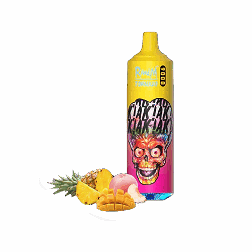 Ein farbenfrohes Vape-Gerät mit einem lebendigen Totenkopfdesign und einer Mischung aus tropischen Früchten, darunter Ananas, Mango und Pfirsich, im Vordergrund.