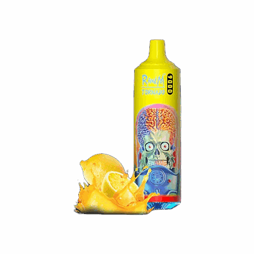 Ein gelbes Vape-Gerät mit einer Gehirn- und Totenkopf-Illustration, der Aufschrift „R and M Tornado 9000“, mit Spritzern von Zitronensaft und Zitronenscheiben an der Unterseite.