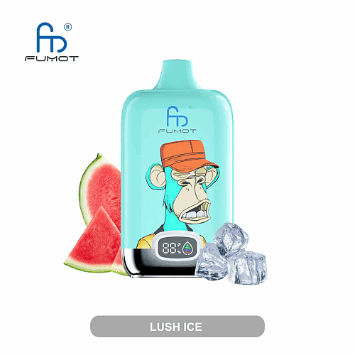 Ein türkisfarbenes Vape-Gerät mit der Aufschrift „Fumot“ und einer digitalen Anzeige, auf der ein Comic-Affe mit einer orangefarbenen Kappe abgebildet ist, zusammen mit Wassermelonenscheiben und Eiswürfeln mit der Aufschrift „Lush Ice“.