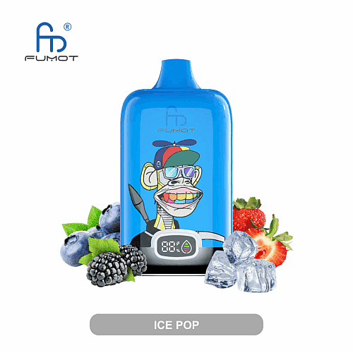 Blaues Fumot-Vape-Gerät mit einem Cartoon-Affen mit Sonnenbrille und Propellerhut, umgeben von Erdbeeren, Brombeeren, Blaubeeren und Eiswürfeln.
