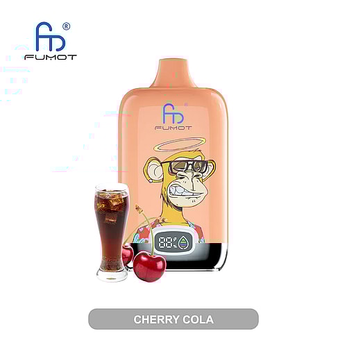 Un dispositivo per svapare raffigurante una scimmia con gli occhiali, con la scritta "Cherry Cola", accanto a un bicchiere di cola e due ciliegie.