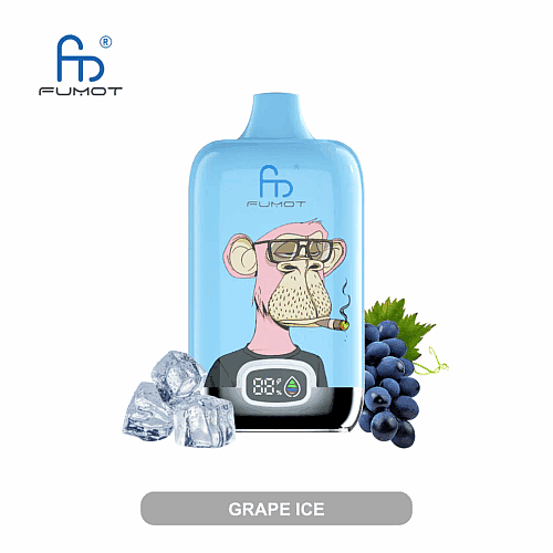 Eine blaue Einweg-E-Zigarette mit der Aufschrift „FUMOT“ mit einem Zeichentrick-Affen, der eine Zigarre raucht, Trauben- und Eismotiven sowie einer digitalen Anzeige, die den Batterieprozentsatz anzeigt.