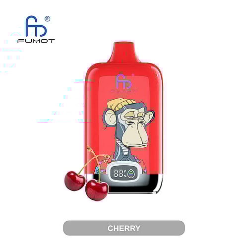 Dispositivo per svapare Red Fumot con illustrazione stilizzata di una scimmia, etichetta per l'aroma di ciliegia e display digitale della batteria nella parte inferiore.