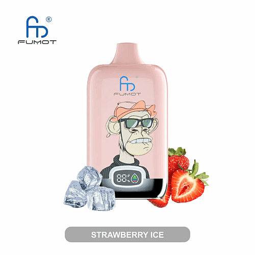 Rosafarbenes Fumot-Vape-Gerät mit dem Bild eines Comic-Affen mit Sonnenbrille und Hut, daneben Erdbeeren und Eiswürfel, mit der Aufschrift „Strawberry Ice“.