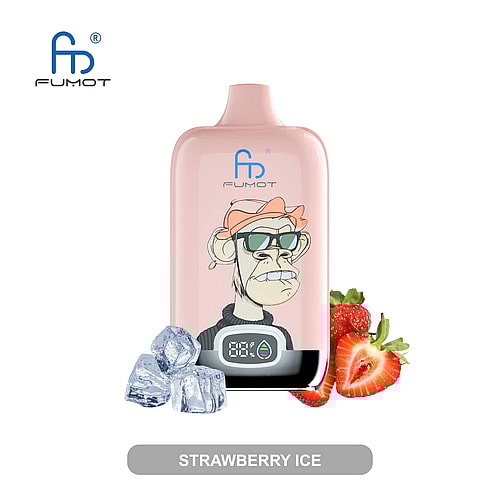 Dispositivo per svapare Fumot rosa con l'immagine di una scimmia dei cartoni animati che indossa occhiali da sole e un cappello, con fragole e cubetti di ghiaccio accanto, e la scritta "Strawberry Ice".
