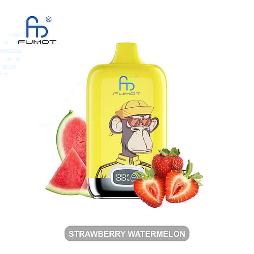 Dispositivo di svapo Fumot giallo con l'immagine di una scimmia dei cartoni animati che indossa occhiali da sole e un cappello, circondata da fette di anguria e fragole. L'aroma è etichettato come "Strawberry Watermelon".