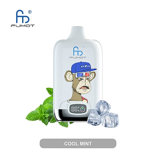 Dispositivo per svapare FUMOT con un fresco sapore di menta, raffigurante una scimmia dei cartoni animati con occhiali 3D e uno schermo digitale che mostra la percentuale della batteria. Sono raffigurate foglie di menta e cubetti di ghiaccio.