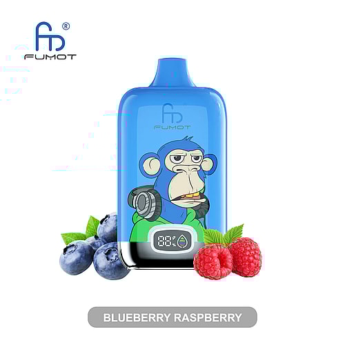 Dispositivo per svapare blu raffigurante una scimmia che indossa le cuffie, con la scritta "FUMOT" e al gusto di mirtillo e lampone.