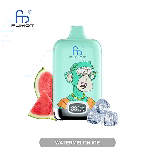 Un dispositivo per svapare verde menta con il disegno di una scimmia dei cartoni animati, cubetti di ghiaccio e fette di anguria, etichettato "WATERMELON ICE".