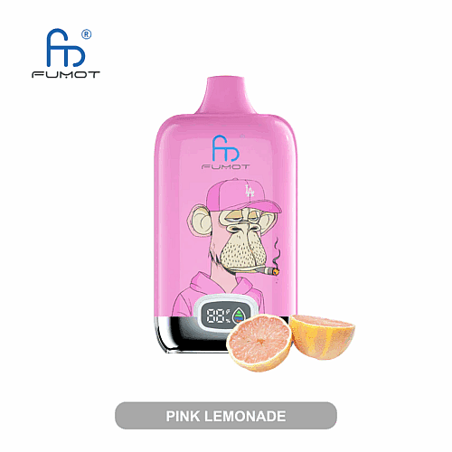 Rosafarbenes Vape-Gerät mit einer digitalen Anzeige, der Aufschrift „Pink Lemonade“ und der Abbildung eines rauchenden Cartoon-Affen mit einem rosafarbenen Kapuzenpullover und einer LA-Kappe, mit Grapefruitscheiben an der Unterseite.