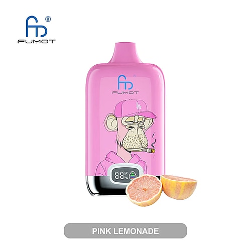 Dispositivo per svapare rosa con display digitale, etichettato "Pink Lemonade", raffigurante un'illustrazione di una scimmia che fuma, indossa una felpa con cappuccio rosa e un berretto di Los Angeles e ha delle fette di pompelmo sul fondo.