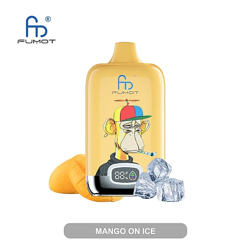 Un dispositivo per svapare giallo con schermo digitale, raffigurante una scimmia dei cartoni animati che indossa un colorato cappello a forma di elica, con il sapore "Mango on Ice" visualizzato nella parte inferiore.