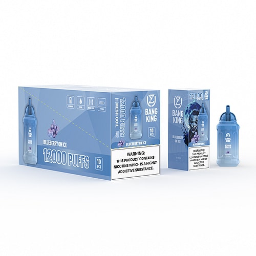 A blue disposable vape device and packaging labeled "Bang King" with "Blueberry on Ice" flavor, "12000 puffs," and nicotine warning.