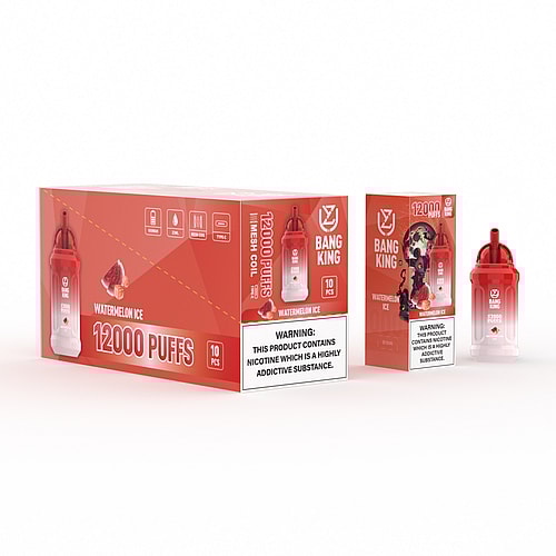 Packaging of Bang King disposable vape device in Watermelon Ice flavor with 12,000 puffs and a warning label stating that the product contains nicotine, which is highly addictive.