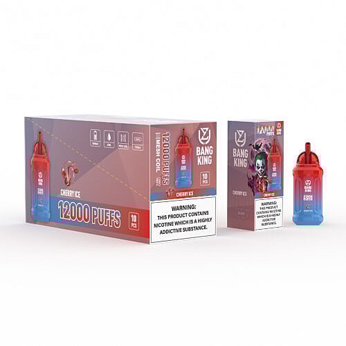 Verpackung des Einweg-Vaporizers Bang King Cherry Ice mit 12.000 Zügen, mit rot-blauem Vape-Gerät und Produktwarnungen zur Nikotinsucht.