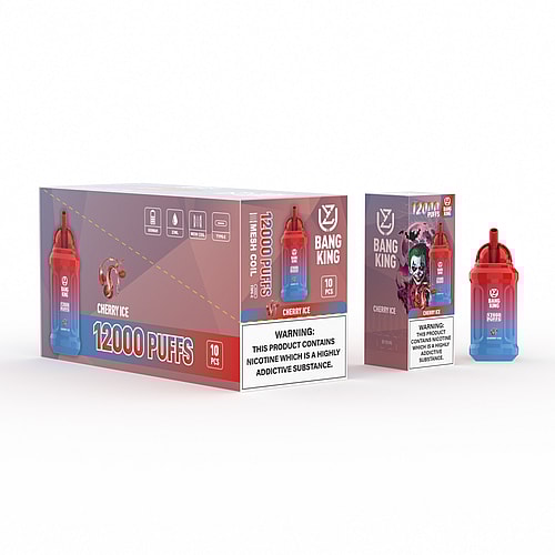 Packaging of Bang King Cherry Ice disposable vape with 12,000 puffs, featuring a red and blue vape device and product warnings about nicotine addiction.