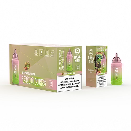 Bang King disposable vape packaging featuring a pink and green vape pen labeled "Strawberry Kiwi 12000 Puffs" with a nicotine warning. The package displays images of strawberries and kiwi fruits and includes product details like "Mesh Coil" and "10 PCS."