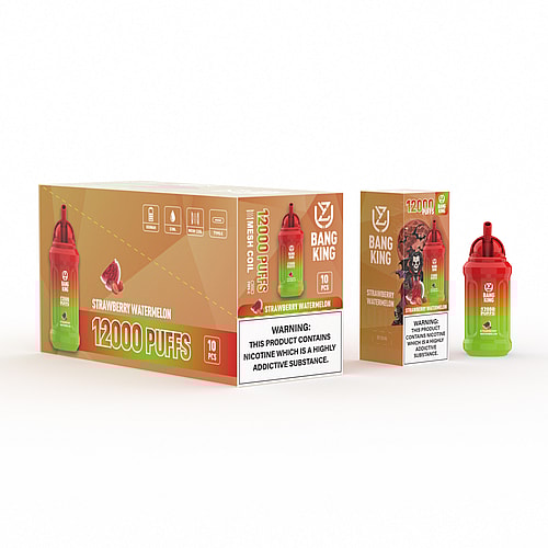 Packaging for Bang King disposable vape in strawberry watermelon flavor, featuring 12,000 puffs, nicotine warning, and an image of the vape device.