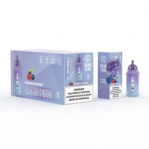 Packaging of Bang King Blueberry Raspberry vape with 12000 puffs, including boxes with product images, warnings about nicotine addiction, and a purple vape device.
