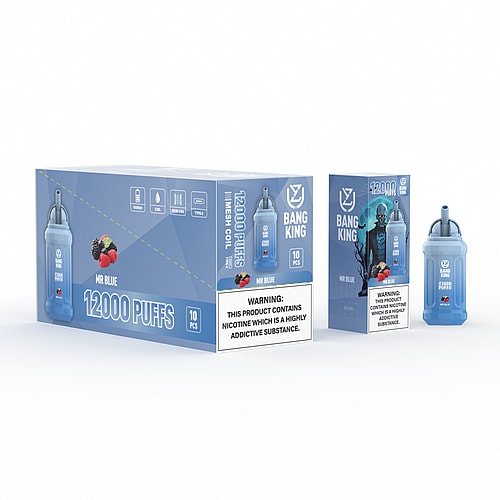 Packaging of a "Bang King" vaping product labeled "MR BLUE," featuring a 12,000 puffs capacity and a nicotine warning.