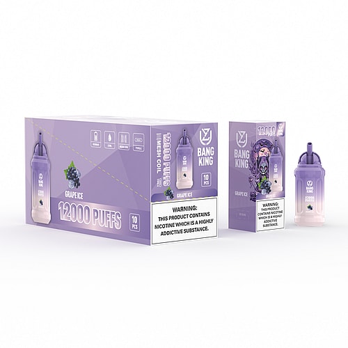 A box and individual packaging of Bang King disposable vape in "Grape Ice" flavor, featuring a purple and white gradient design with a visible warning label about nicotine addiction.