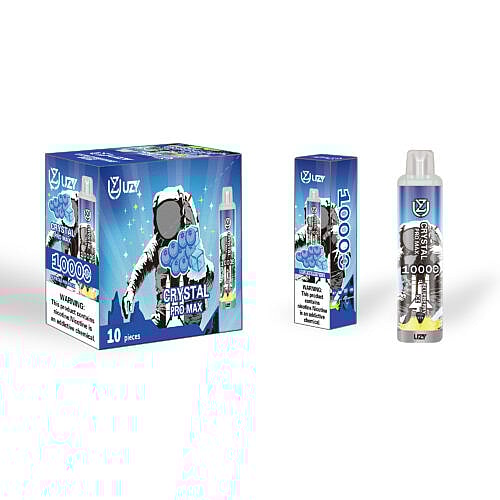 Verpackung und Produktbild des Vape „Crystal Pro Max“ im blauen Design mit Astronaut und Eiswürfeln, dem Text „10000“ und einer Nikotinwarnung.