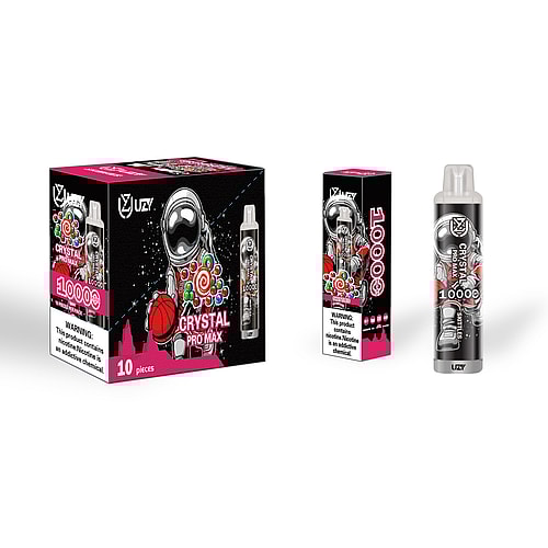 Scatola e imballaggio dello svapo monouso UZI Crystal Pro Max con un design futuristico ispirato a un astronauta e un'etichetta con la scritta "10000 puff".