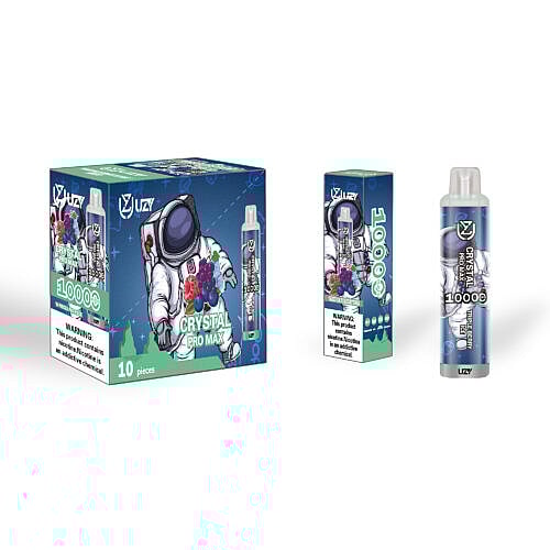 Eine Packung Einweg-Vaporizer „Crystal Pro Max“ mit einer Astronautenillustration und Bildern mit Beerengeschmack sowie einem Warnhinweis zu Nikotin.