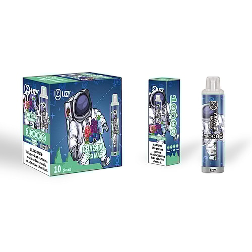 Una confezione di sigarette elettroniche usa e getta "Crystal Pro Max" raffigurante un astronauta e immagini al gusto di frutti di bosco, con un'etichetta di avvertenza sulla nicotina.