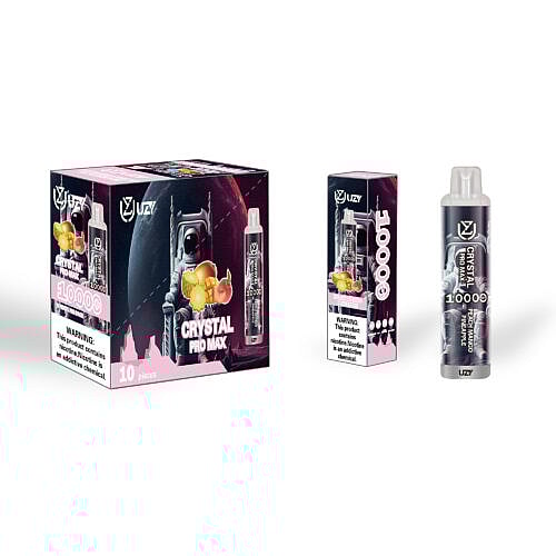 Eine Schachtel und ein Vape-Gerät mit der Aufschrift „Crystal Pro Max 10000“ mit Pfirsich-Mango-Ananas-Geschmack und einer Nikotinwarnung.
