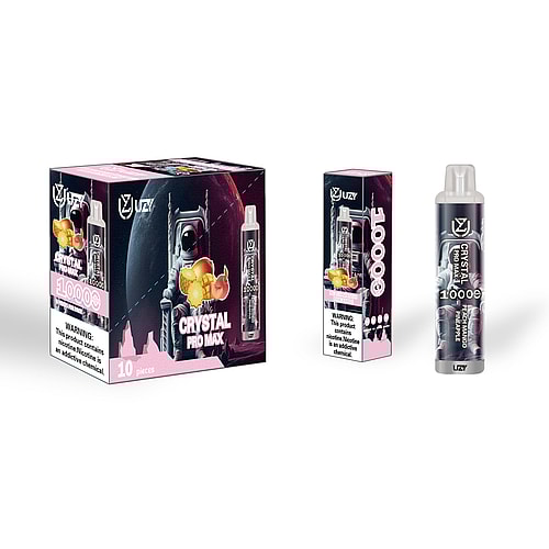 Una scatola e un dispositivo per svapare etichettati "Crystal Pro Max 10000" con un sapore di pesca, mango e ananas e un'avvertenza sulla nicotina.