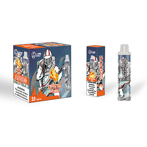 Una scatola e un dispositivo per svapare recanti l'etichetta "Crystal Pro Max 10000" con un'illustrazione futuristica di un astronauta che tiene in mano un grande cristallo arancione e con etichette di avvertenza sulla nicotina.