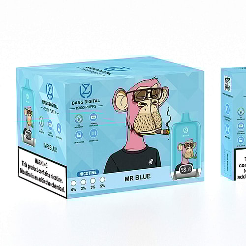 Confezione della sigaretta elettronica "Bang Digital" raffigurante una scimmia dei cartoni animati con occhiali da sole che fuma un sigaro, etichettata "Mr. Blue", che offre 15.000 boccate, opzioni di intensità di nicotina e avvertenza sulla dipendenza da nicotina.