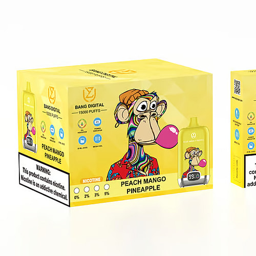Una scatola gialla e un dispositivo per svapare con il marchio "Bang Digital", raffigurante una scimmia illustrata che soffia una bolla. Il prodotto è etichettato "Peach Mango Pineapple" con 15.000 tiri e livelli di nicotina regolabili da 0% a 5%.