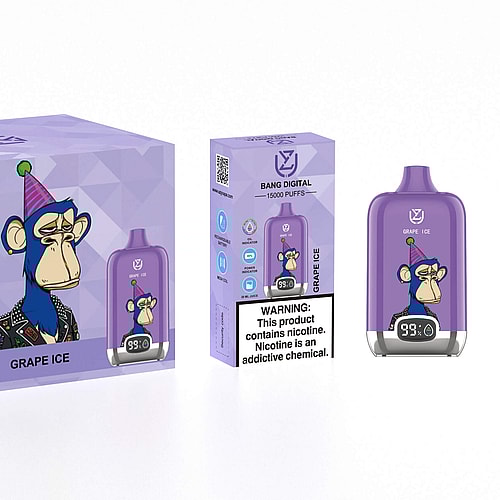 Confezione per lo svapo "Bang Digital Grape Ice" raffigurante una scimmia dei cartoni animati che indossa un cappello da festa. La scatola evidenzia caratteristiche come 15.000 tiri, opzioni di contenuto di nicotina e un display digitale. È presente anche un avviso di nicotina.