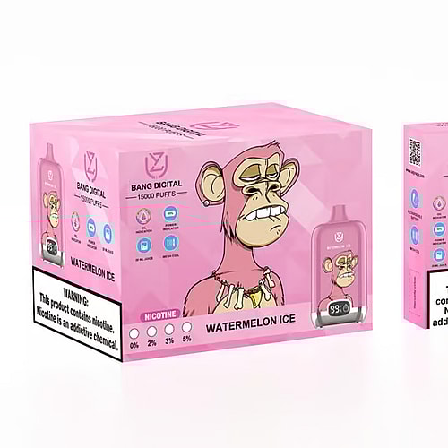 Confezione rosa per svapo "Bang Digital" raffigurante una scimmia dei cartoni animati, etichettata "Watermelon Ice" con 15.000 tiri, varie concentrazioni di nicotina (2%, 3%, 5%) e un avviso di nicotina. L'immagine del prodotto mostra un contatore digitale di tiri a 93%.