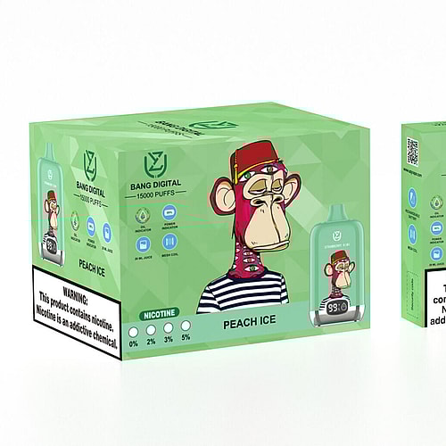 Confezione della sigaretta elettronica monouso Bang Digital da 15.000 boccate, raffigurante una scimmia dei cartoni animati sulla scatola e sulla sigaretta elettronica, con etichetta "Peach Ice" e livelli di nicotina che vanno da 0% a 5%.