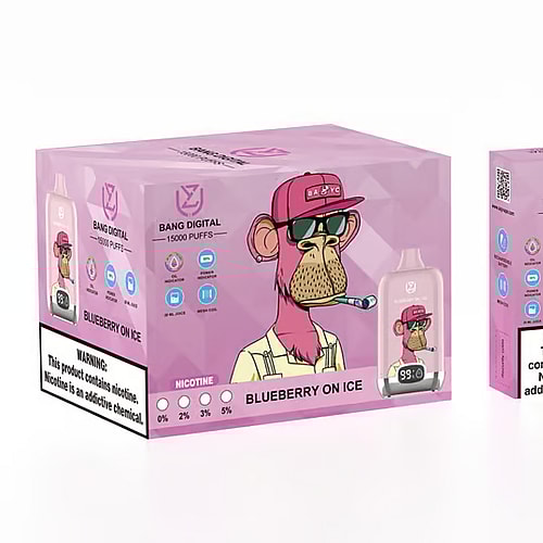 Confezione per il prodotto per svapare "Bang Digital" con una scimmia dei cartoni animati in un berretto rosso, etichettata "Blueberry on Ice", che offre 15.000 boccate e livelli di nicotina di 2%, 3% e 5%. Un'etichetta di avvertenza afferma: "Questo prodotto contiene nicotina. La nicotina è una sostanza chimica che crea dipendenza".