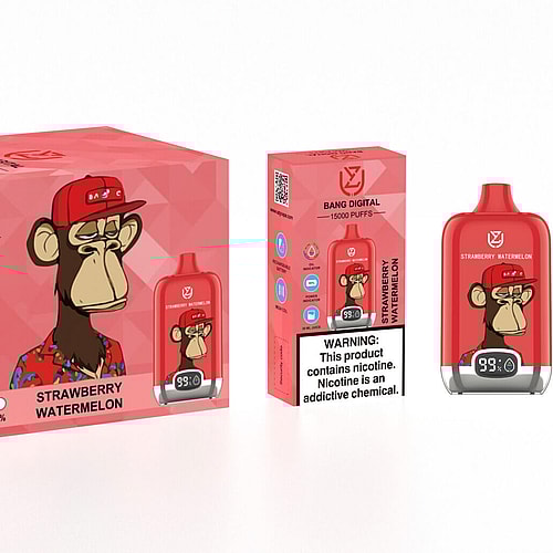 Confezione per un dispositivo per svapare "Bang Digital" raffigurante uno svapo rosso con l'illustrazione di una scimmia annoiata che indossa un cappello rosso, etichettata "Fragola e anguria", che offre 15.000 boccate e un'avvertenza sulla nicotina.