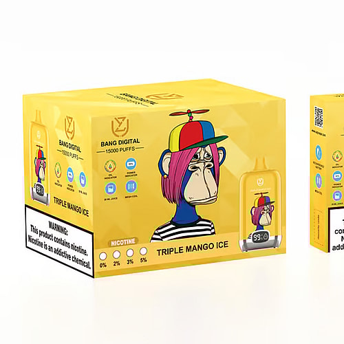 Confezione di un prodotto per lo svapo etichettato "Bang Digital" raffigurante una scimmia dei cartoni animati con i capelli rosa e un cappello a elica. Il prodotto è etichettato "Triple Mango Ice" e include un indicatore di concentrazione di nicotina che va da 0% a 5%, con un avviso sulla dipendenza da nicotina.