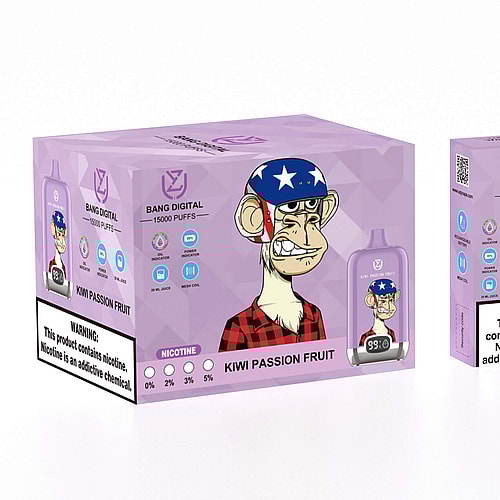 Una scatola e un dispositivo per svapare raffiguranti una scimmia dei cartoni animati che indossa una camicia a quadri rossa e un casco blu con stelle bianche, con l'etichetta "Bang Digital 15000 Puffs Kiwi Passion Fruit".