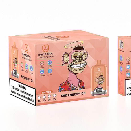Una scatola e una confezione di una sigaretta elettronica "Bang Digital" raffiguranti un'illustrazione di una scimmia e l'etichetta "Red Energy Ice, 15000 boccate", con opzioni di intensità di nicotina e avvertenze sanitarie sulla nicotina.